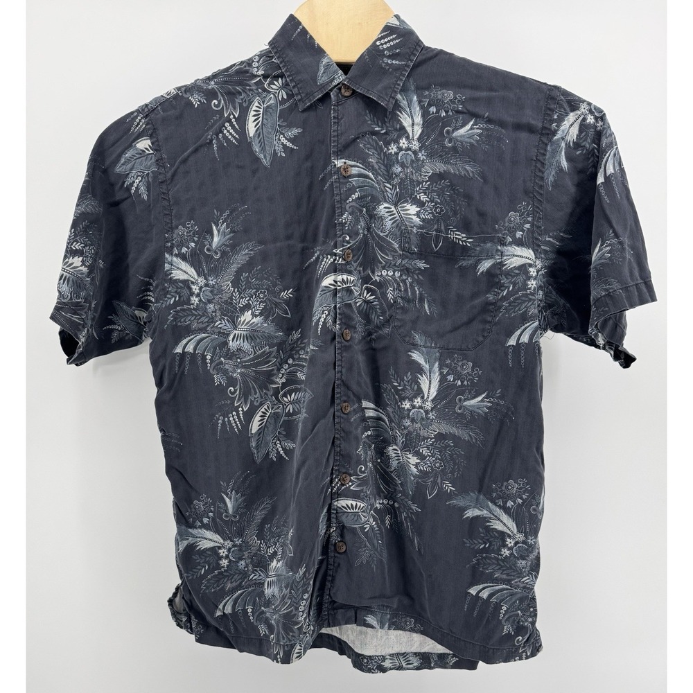 Tommy Bahama Hawaiian Shirt Men's Size L 100% Silk Black Floral Tropical Aloha